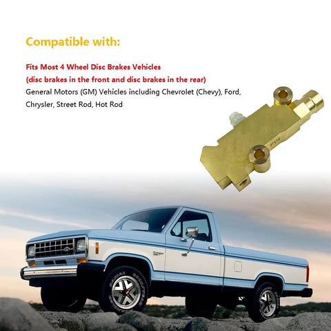 Heavy Duty Brass Brake Proportioning Valve Keeps Line Pressure Rock Solid For Four Wheel Disc Systems Fits Chevy Ford Chrysler and all street rods hot rods classic cars and trucks with badass stopping power, shown with a Ford pickup truck.