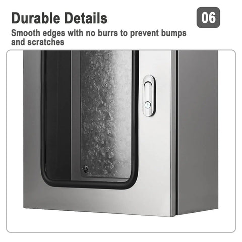 Close-up of Built Like A Tank 304 Stainless Steel Waterproof Electrical Box with smooth edges and clear window design.
