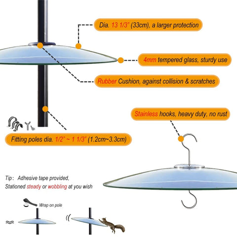 Large 13 Inch Glass Rain Cover For Outdoor Bird Feeder, detailed view of dome shield with pole and hook mounts.