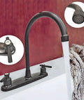 Road Trip Ready Eight Inch Metal RV Kitchen Sink Faucet featuring two handle design with high arch spout and water flow.