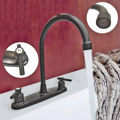 Road Trip Ready Eight Inch Metal RV Kitchen Sink Faucet featuring two handle design with high arch spout and water flow.