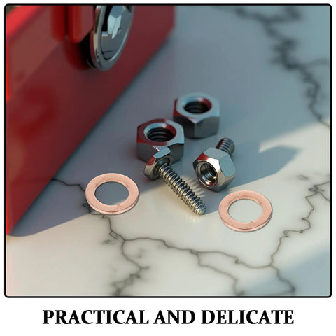 40Pc Copper Flat Washer Set For Oil Drain Plugs And Hydraulic Lines, 0.4 Inch Golden Copper Sealing Washers, bolts and nuts close-up