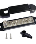 Beefy Heavy Duty Quarter Inch Stud Power Distribution Block Bus Bar With Cover For Car Audio Boat Solar 150 Amp 12V Marine Battery Distribution Block Includes 12 Stainless Terminal Screws And Heat Resistant ABS Base, cover shown