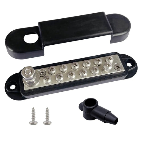Beefy Heavy Duty Quarter Inch Stud Power Distribution Block Bus Bar With Cover For Car Audio Boat Solar 150 Amp 12V Marine Battery Distribution Block Includes 12 Stainless Terminal Screws And Heat Resistant ABS Base, cover shown