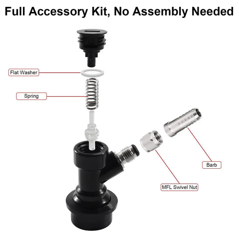 Two Pairs Ball Lock Quick Disconnect Set With 5/16 Gas And 1/4 Liquid Barbs, MFL Swivel Nuts For Easy Hose Changes, Ideal Upgrade For Cornelius Kegging And Homebrew Keg Systems, exploded parts view