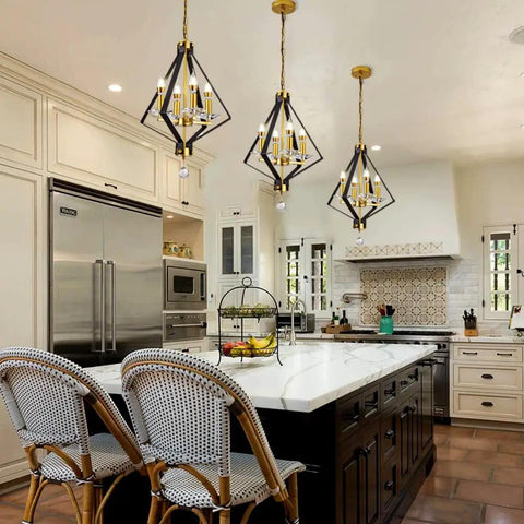 Modern kitchen with 4 Light Lantern Chandelier In Black And Gold With A Dope Mid Century Geometric Square Cage Pendant Light above island