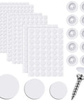 Plastic Self Tapping and Self Adhesive Screw Hole Covers for Wood Furniture set with caps, stickers, and screws, various sizes.