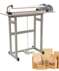 Heavy Duty Heat Sealing Machine For Plastic Bags With Adjustable Worktable Pedestal Stand Efficient Fast Packaging Solution Plus Film Cutter, metal build, foot pedal