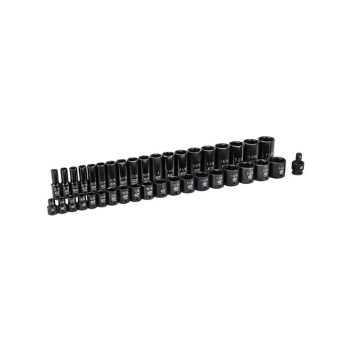 39 Piece Half Inch Drive 6 Point Impact Socket Set Standard And Deep SAE Black Oxide Finish arranged in a single row