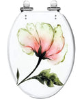 Elongated Toilet Seat Resin Quiet Close for Bathroom with floral design in pink and green, measures 14.5" x 18.5".