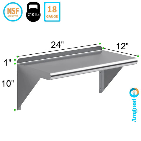 Stainless Steel Wall Shelf 24 Inch Long 12 Inch Deep with Bullnose Edge and 1 Inch Backsplash Beefy Built Kitchen Garage Shelving