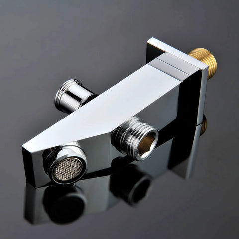 Built Tough Square LED Shower System With Thermostatic Valve And Dual Mode Spray, brass valve with chrome finish close-up.