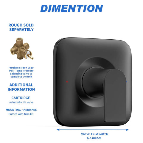 Matte Black Shower Valve Trim Kit With Lever Handle And Temperature Indicator, Moen 2510-2590 Compatible, Square Design