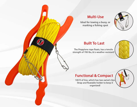 Beefy Float Line With Winder 100ft 3/16 Inch Hollow Diamond Braided Polypropylene For Boating Towing A Float Or Buoy While Spearfishing Snorkeling And Scuba Includes 2 Swivel Connectors And A Floating Line Holder