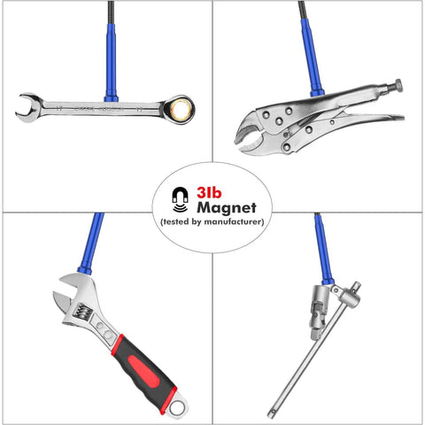 Housolution magnetic reacher tool set; four blue extendable grabbers with metal jaws and a 3 lb magnet