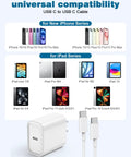 Fast USB C Charger 20W For iPhone 17 16 15 And iPad Pro Type C Wall Charger With 6Ft Cable Two Pack Quick Charge shown with compatibility
