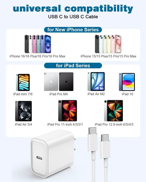Fast USB C Charger 20W For iPhone 17 16 15 And iPad Pro Type C Wall Charger With 6Ft Cable Two Pack Quick Charge shown with compatibility