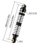 Sweet 53mm 6g Oil Filled Threaded RC Shocks Absorbers For 1 By 18 TRX4M TRX4MT Crawler Upgrade Aluminum Bodies Dual Spring Rates (0.45mm And 0.5mm) Adjustable Preload Heavy Duty CNC Build showing measurements and materials