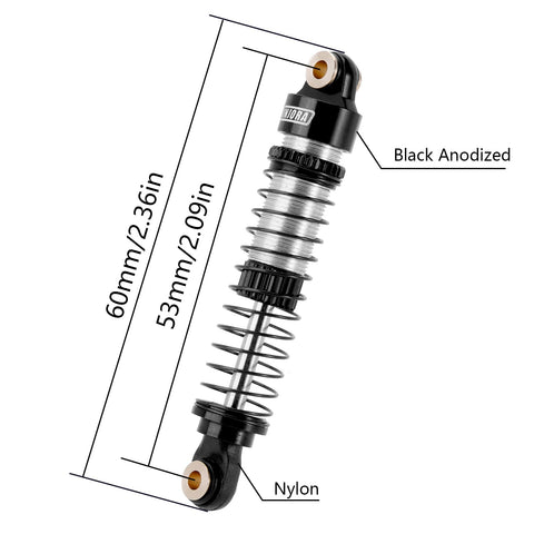 Sweet 53mm 6g Oil Filled Threaded RC Shocks Absorbers For 1 By 18 TRX4M TRX4MT Crawler Upgrade Aluminum Bodies Dual Spring Rates (0.45mm And 0.5mm) Adjustable Preload Heavy Duty CNC Build showing measurements and materials
