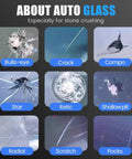 Nine types of auto glass damage shown, including bullseye, crack, compo, radial, and scratch, for windshield crack repair kit use.