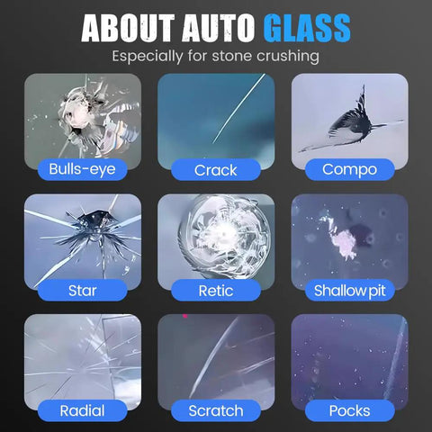 Nine types of auto glass damage shown, including bullseye, crack, compo, radial, and scratch, for windshield crack repair kit use.