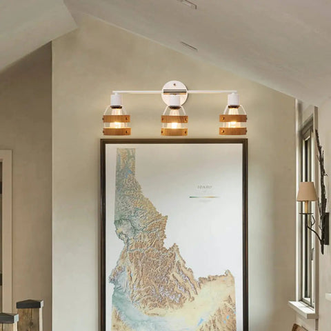 Contemporary 3 Light Vanity Wall Sconce With Wood Lampshade In Matte White And Brushed Nickel Accent for sleek modern living space