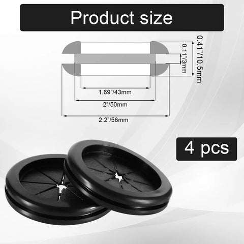 4 Pack Heavy Duty Rubber Grommets For Wiring, 2 Inch Black Firewall Plug Insert with size dimensions displayed.