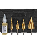 Heavy Duty Step Drill Bit Set For DIY With Spiral Double Fluted Titanium Nitride Coated Bits, Pro Grade Four Piece From Half Inch To One And Three Eighths Inch Sizes, Quarter Inch Shank, In Rugged Carry Case Klein Tools shown with cutting oil