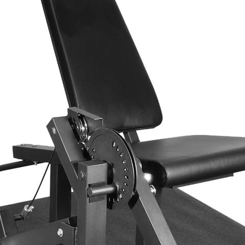 Close-up of black 2 In 1 Leg Extension And Curl Machine For Home Gym Full Leg Day Trainer showing adjustable seat and mechanism.