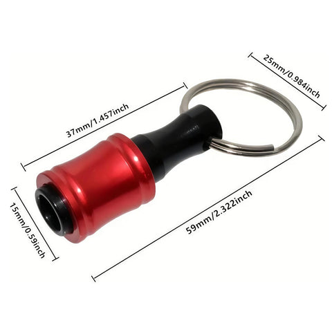 Close-up of red keychain adapter from Six Piece Color Coded Screwdriver Bit Holder Set With Keychain Adapter Durable Steel One Quarter Inch Hex Shank