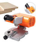 No Sweat Mini Benchtop Chop Saw 45 Degree Miter Angle Cutter For Quick Wood And Metal Cuts Dead On Precision Table Saw in orange.
