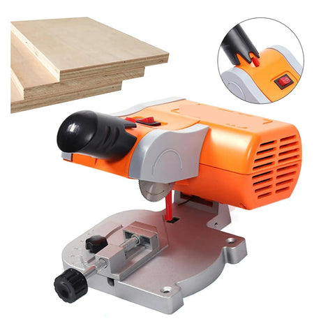 No Sweat Mini Benchtop Chop Saw 45 Degree Miter Angle Cutter For Quick Wood And Metal Cuts Dead On Precision Table Saw in orange.
