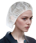 24 Inch Disposable Bouffant Cap White 100 Pack Hair Net Big Fit For Thick Long Hair Lightweight Budget Bulk Pack shown on model