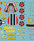 Decal sheet for One Forty-Eighth Scale P-39N Airacobra Plastic Model Kit with stars, stripes, and detailed markings.