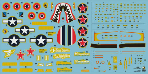Decal sheet for One Forty-Eighth Scale P-39N Airacobra Plastic Model Kit with stars, stripes, and detailed markings.