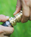 Solid Brass Garden Hose Quick Connect Fittings Three Quarter Inch GHT Internal Thread in use with a hose