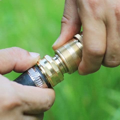 Solid Brass Garden Hose Quick Connect Fittings Three Quarter Inch GHT Internal Thread in use with a hose