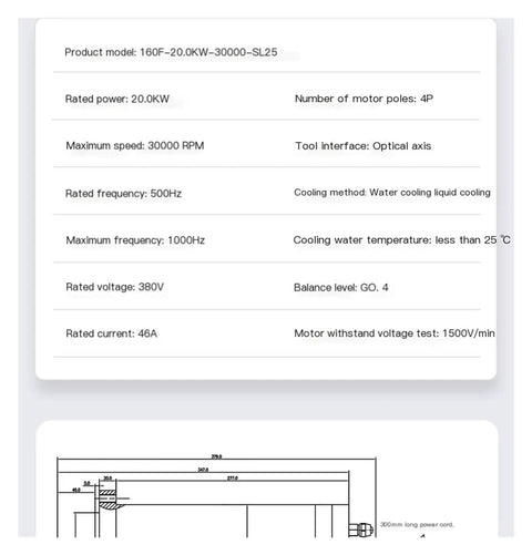 Product specifications for Rock Solid Water Cooled Automatic Tool Changer Electric Spindle BT30 Taper for CNC Milling.
