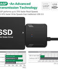 Plug And Play SATA To USB 3.0 External Adapter Cable For 2.5 Inch And 3.5 Inch HDD And SSD With Power Supply Fast Data Transfer Clone Backup Drive Health Check And Easy Drive Access shown with SSD and speed comparison chart