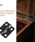 1:12 Scale Miniature Bronze Hinges Set Of 20 With 80 Screws For Dollhouse Furniture Cabinet Closet DIY Projects Antique Brass Finish 0.70 x 0.62 x 0.15 Inches shown installed on a wooden box.