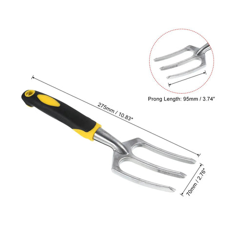 Three Tine Hand Garden Fork With Aluminum Alloy Non Slip Handle, Hardened Digging Pitch Fork with size dimensions