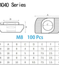 Diagram of 100 Pcs M8 T Slot Nuts Hammer Head Fasteners for 4040 Aluminum Profiles with measurements and size chart.