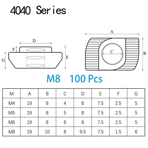 Diagram of 100 Pcs M8 T Slot Nuts Hammer Head Fasteners for 4040 Aluminum Profiles with measurements and size chart.