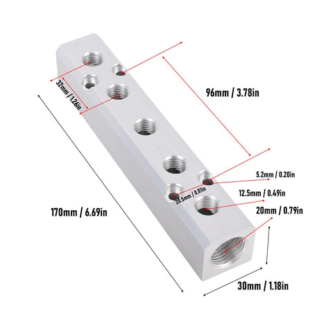 Five Way Seven Port Pneumatic Manifold Aluminum Alloy Air Distribution Block dimensions and ports view