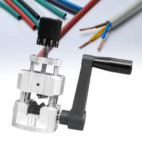 Jeanoko Wire Stripper Machine Manual Hand Crank Electrician Tool lightweight aluminum alloy cable cutter with a black handle and various wires in background.