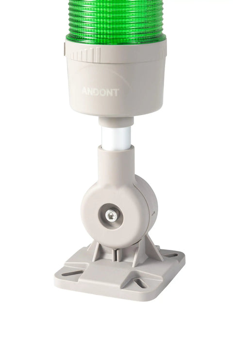 Close-up of the base and green light of Three Stack USB LED Andon Tower Signal Light With Buzzer For Workstations And Industrial Environments