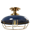 Industrial Caged Dome Metal Semi Flush Ceiling Light in brushed brass and navy blue for living rooms, hallways, kitchens, and entryways.