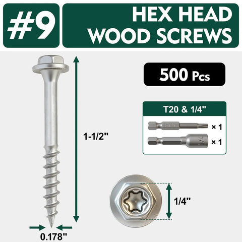 #9 hex head wood screws 1-1/2 in zinc plated, part of Ridiculously Tough Heavy Duty Joist Hanger Screws For Wood Framing.