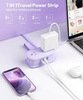 Purple Travel Power Strip With Four Outlets And Three USB Ports Including USB C Four Foot Wrapped Extension Cord Flat Plug