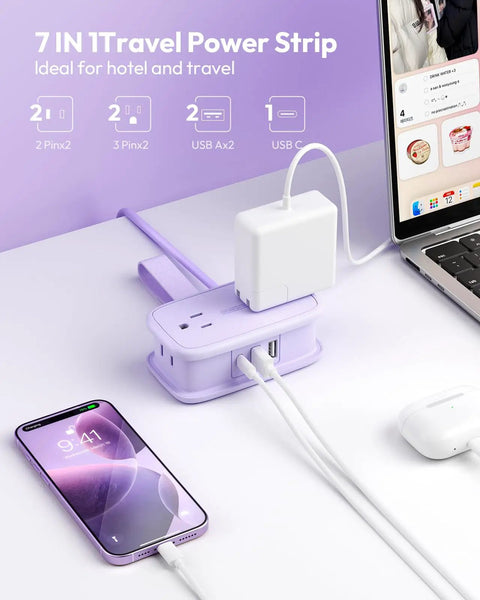 Purple Travel Power Strip With Four Outlets And Three USB Ports Including USB C Four Foot Wrapped Extension Cord Flat Plug